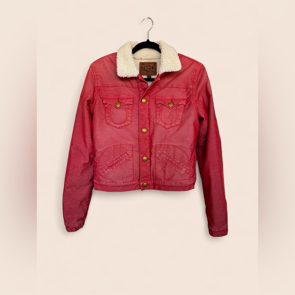True Religion Red Sherpa Lined Denim Jacket Size M Y2K Western Trucker